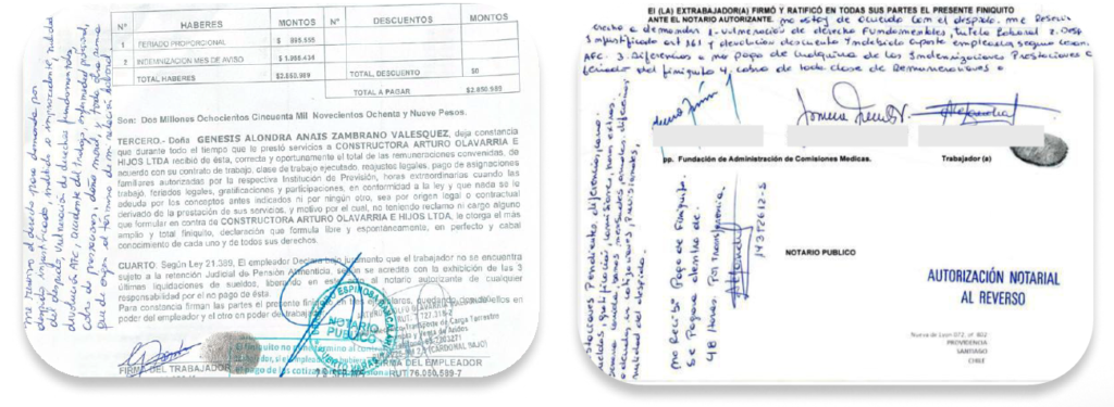 Ejemplo de una correcta reserva de derechos escrita de puño y letra en un espacio en blanco dentro del finiquito, al final antes de la firma.